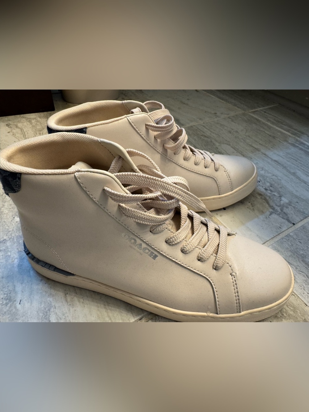 Coach Men’s White Leather High-Top Sneakers w/ Denim Signature Trim Size 9